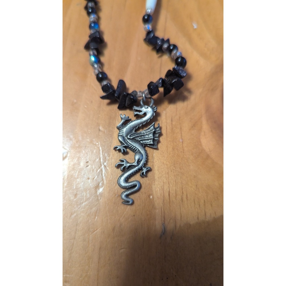 Vintage Dragon Pendant Necklace Black Stone Chip Beaded‎ Goth Fantasy Jewelry